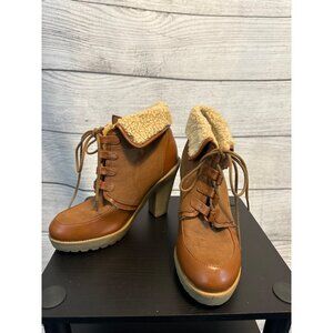 H&M Vintage-Style Brown Lace-Up Boots With Faux Fur Lining & Chunky Heel Size 8